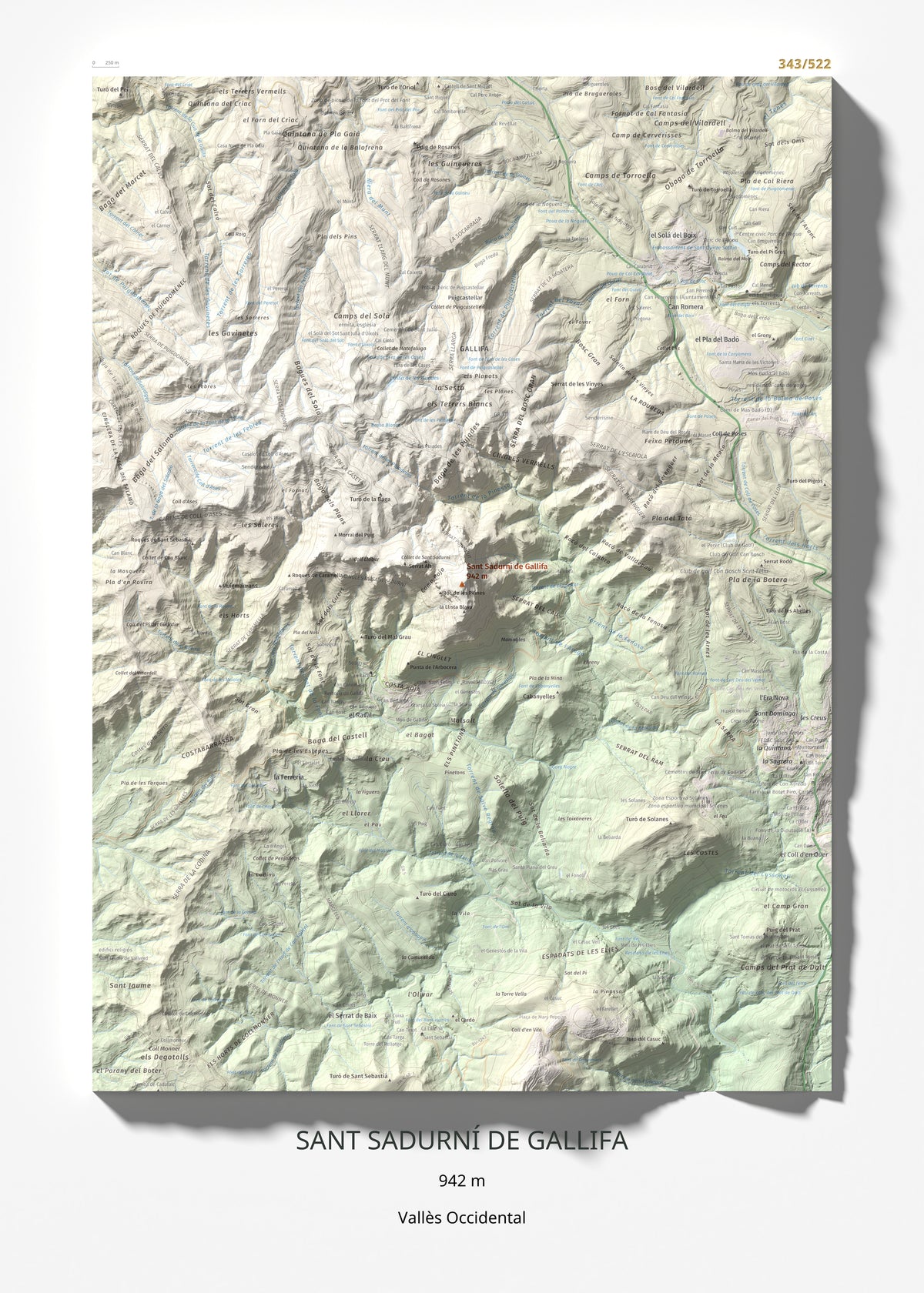 Mapa de relieve de Sant Sadurní de Gallifa, 942 m, Vallès Occidental, lámina 100 Cims de Trobart 50 × 70 cm.