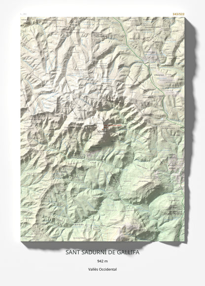 Mapa de relieve de Sant Sadurní de Gallifa, 942 m, Vallès Occidental, lámina 100 Cims de Trobart 50 × 70 cm.