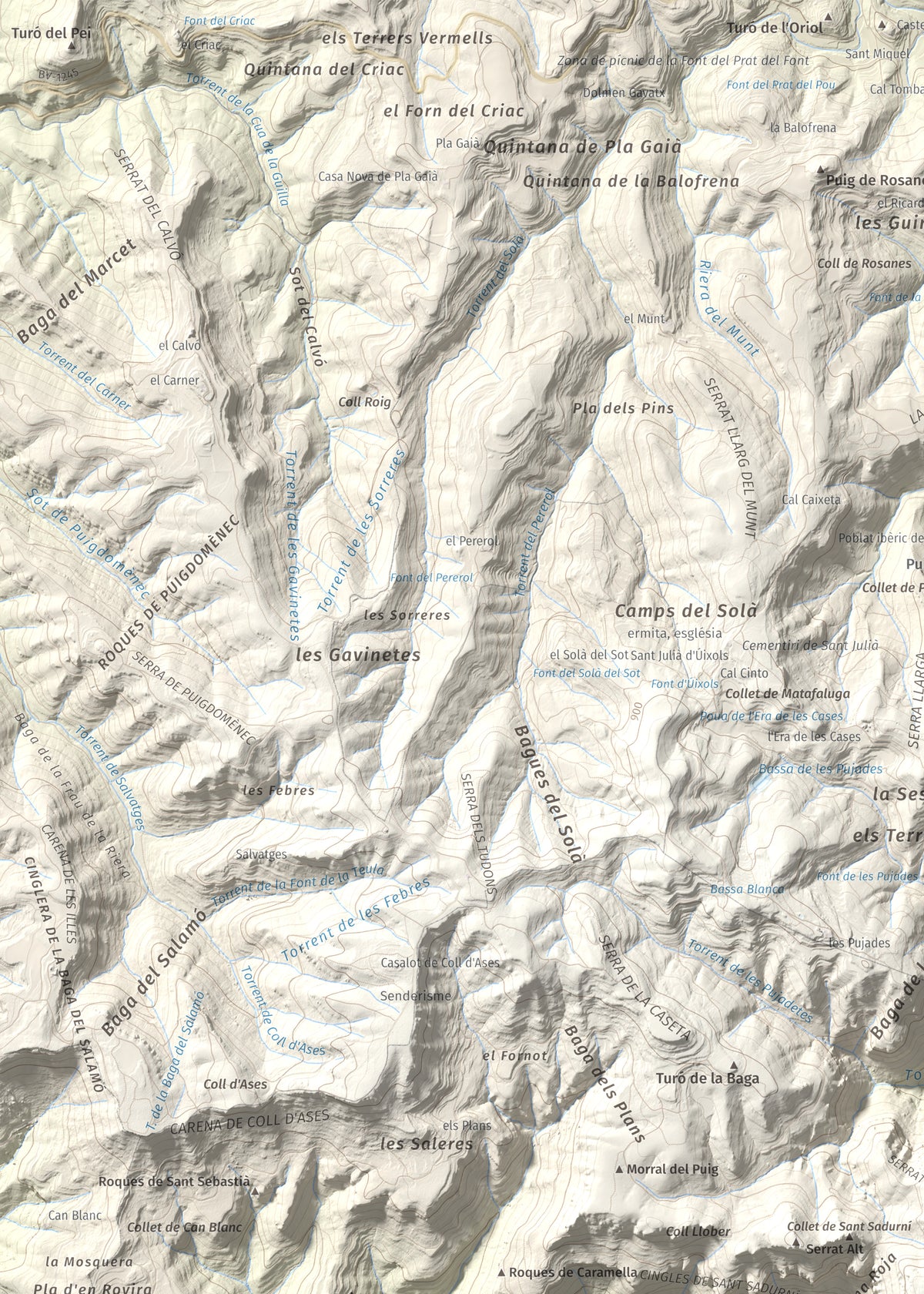 Mapa de relieve de Sant Sadurní de Gallifa, 942 m, Vallès Occidental, lámina 100 Cims de Trobart. Detalle de la zona superior izquierda. 50 × 70 cm.