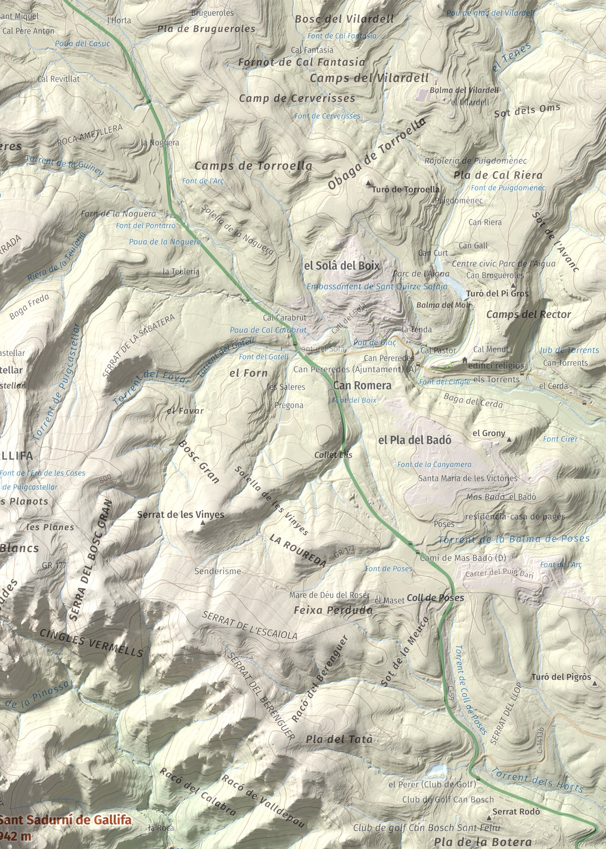 Mapa de relieve de Sant Sadurní de Gallifa, 942 m, Vallès Occidental, lámina 100 Cims de Trobart. Detalle de la zona superior derecha. 50 × 70 cm.