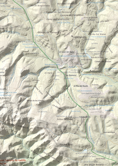 Mapa de relieve de Sant Sadurní de Gallifa, 942 m, Vallès Occidental, lámina 100 Cims de Trobart. Detalle de la zona superior derecha. 50 × 70 cm.