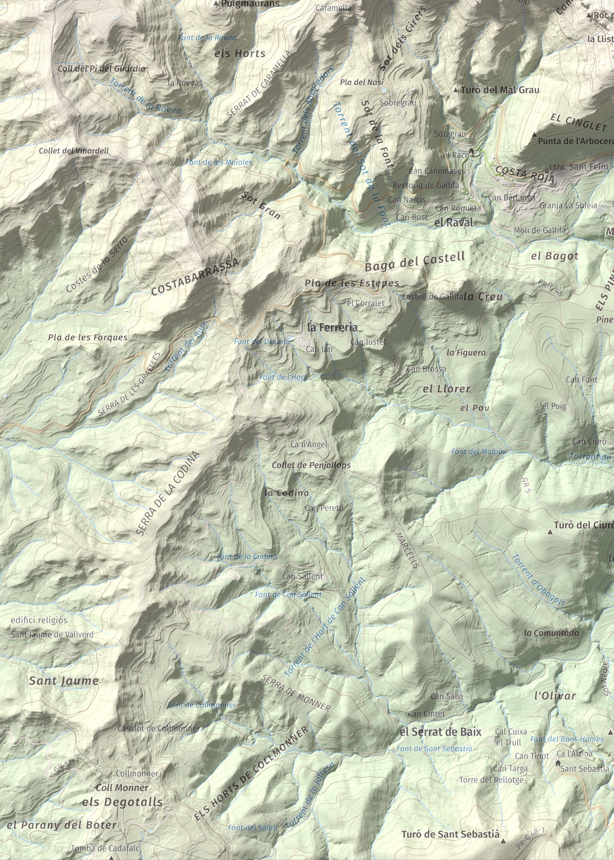 Mapa de relieve de Sant Sadurní de Gallifa, 942 m, Vallès Occidental, lámina 100 Cims de Trobart. Detalle de la zona inferior izquierda. 50 × 70 cm.