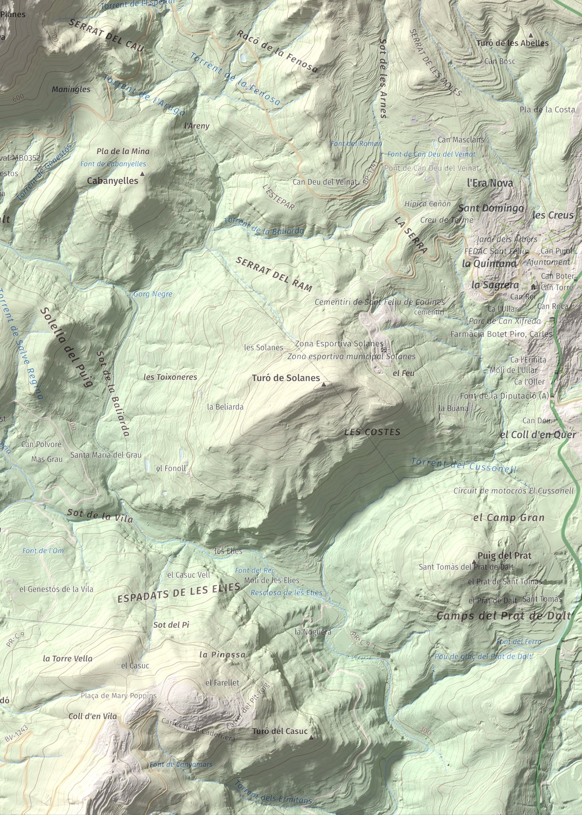 Mapa de relieve de Sant Sadurní de Gallifa, 942 m, Vallès Occidental, lámina 100 Cims de Trobart. Detalle de la zona inferior derecha. 50 × 70 cm.