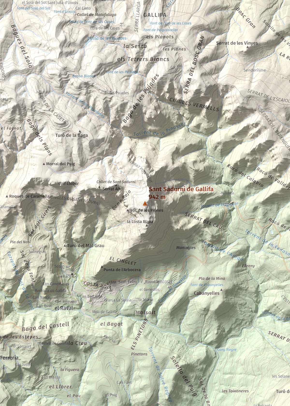 Mapa de relieve de Sant Sadurní de Gallifa, 942 m, Vallès Occidental, lámina 100 Cims de Trobart. Detalle de la zona central. 50 × 70 cm.