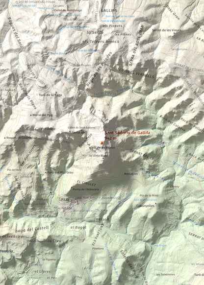 Mapa de relieve de Sant Sadurní de Gallifa, 942 m, Vallès Occidental, lámina 100 Cims de Trobart. Detalle de la zona central. 50 × 70 cm.
