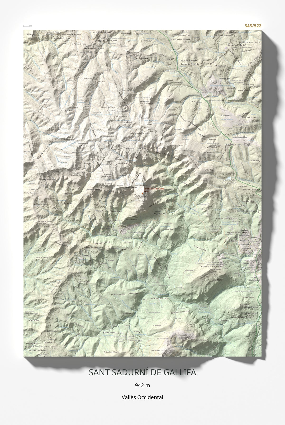 Mapa de relieve de Sant Sadurní de Gallifa, 942 m, Vallès Occidental, lámina 100 Cims de Trobart 61 × 91 cm.