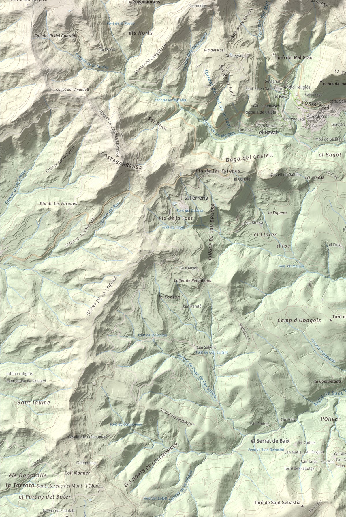 Mapa de relieve de Sant Sadurní de Gallifa, 942 m, Vallès Occidental, lámina 100 Cims de Trobart. Detalle de la zona inferior izquierda. 61 × 91 cm.