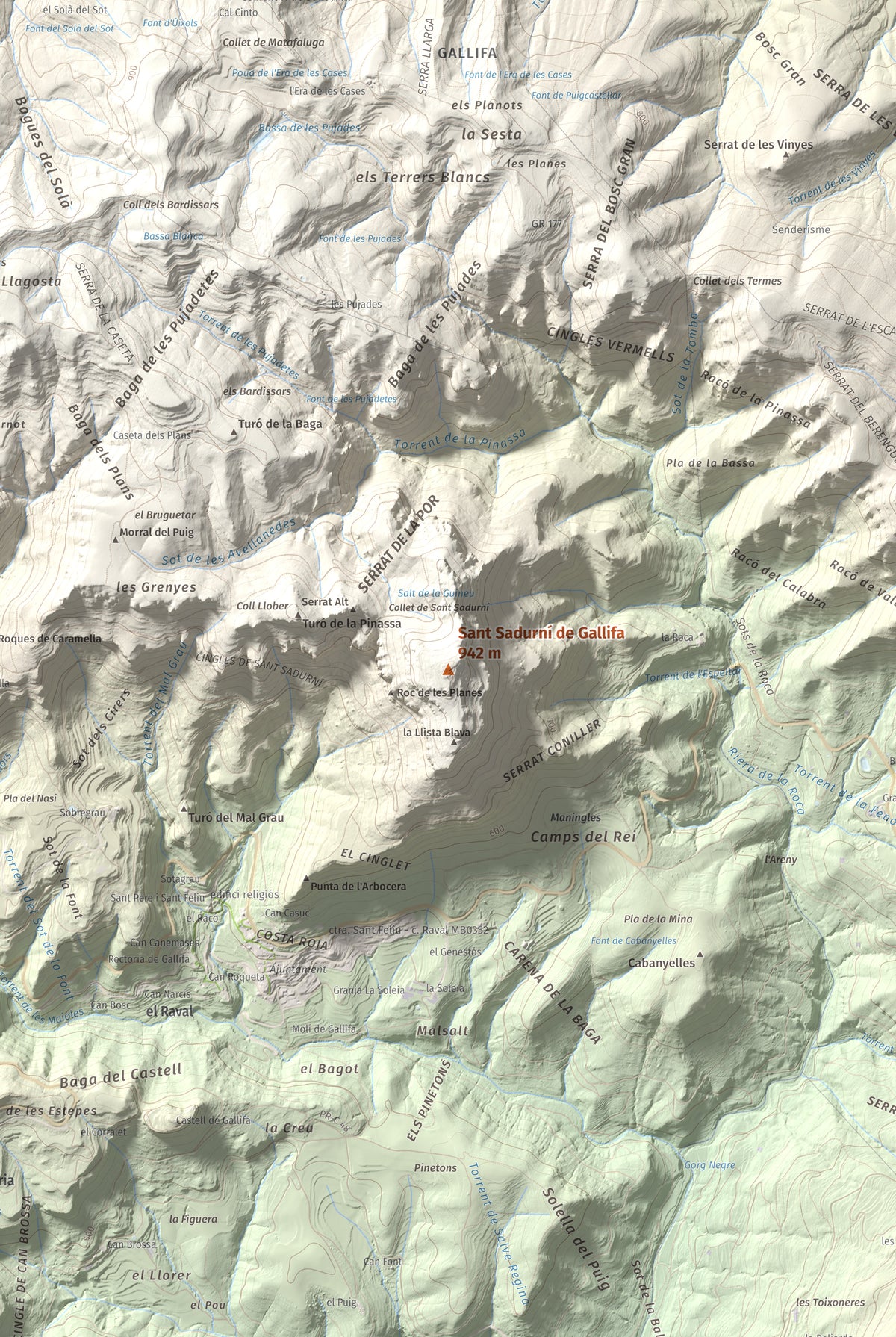 Mapa de relieve de Sant Sadurní de Gallifa, 942 m, Vallès Occidental, lámina 100 Cims de Trobart. Detalle de la zona central. 61 × 91 cm.