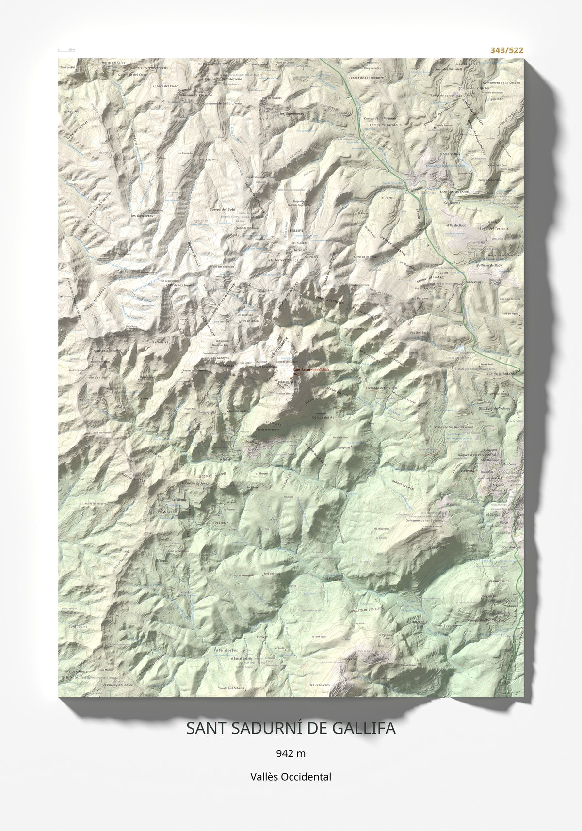 Mapa de relieve de Sant Sadurní de Gallifa, 942 m, Vallès Occidental, lámina 100 Cims de Trobart 70 × 100 cm.