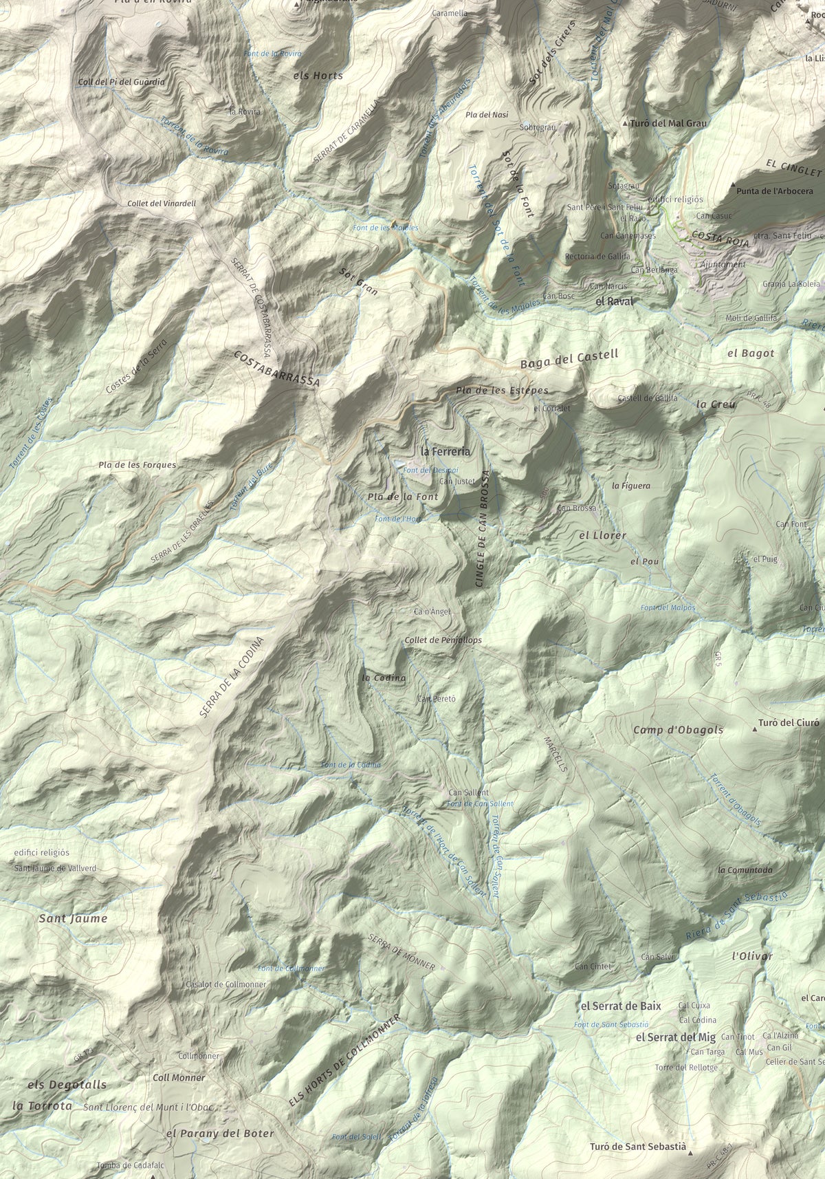 Mapa de relieve de Sant Sadurní de Gallifa, 942 m, Vallès Occidental, lámina 100 Cims de Trobart. Detalle de la zona inferior izquierda. 70 × 100 cm.