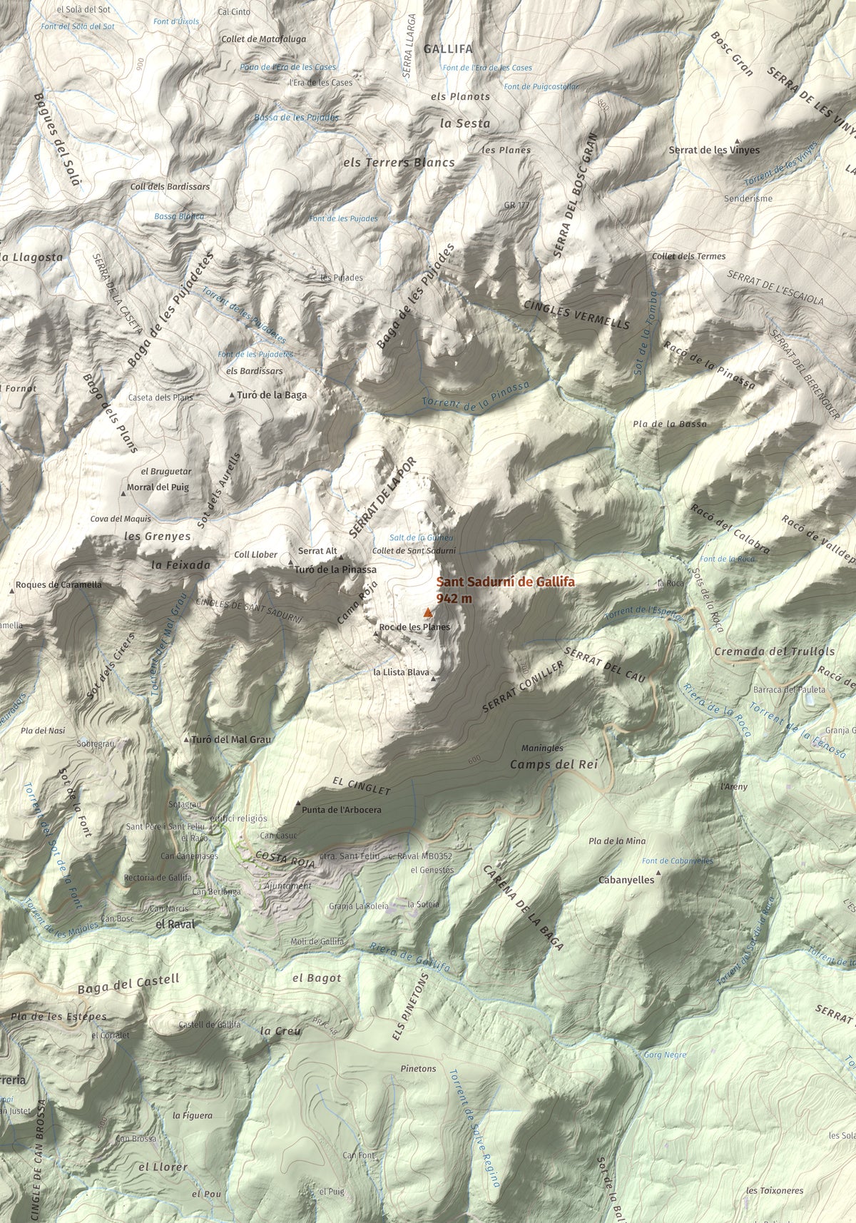 Mapa de relieve de Sant Sadurní de Gallifa, 942 m, Vallès Occidental, lámina 100 Cims de Trobart. Detalle de la zona central. 70 × 100 cm.