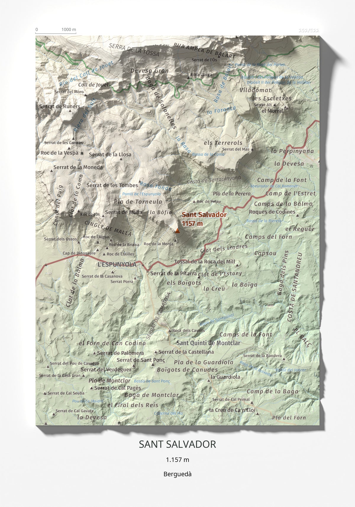 Mapa de relieve de Sant Salvador, 1157 m, Berguedà, lámina 100 Cims de Trobart 21 × 30 cm.