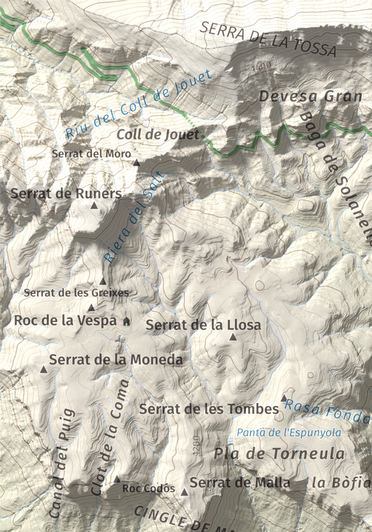 Mapa de relieve de Sant Salvador, 1157 m, Berguedà, lámina 100 Cims de Trobart. Detalle de la zona superior izquierda. 21 × 30 cm.