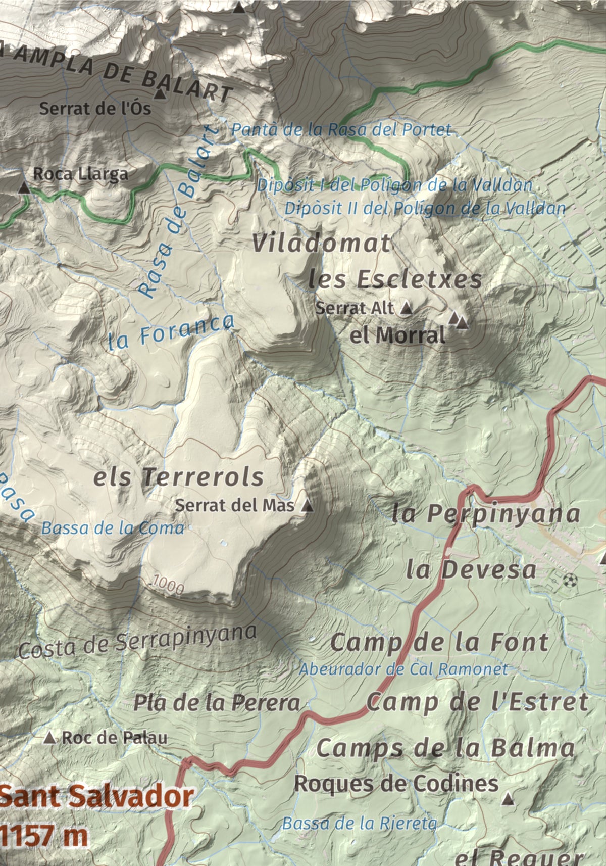 Mapa de relieve de Sant Salvador, 1157 m, Berguedà, lámina 100 Cims de Trobart. Detalle de la zona superior derecha. 21 × 30 cm.