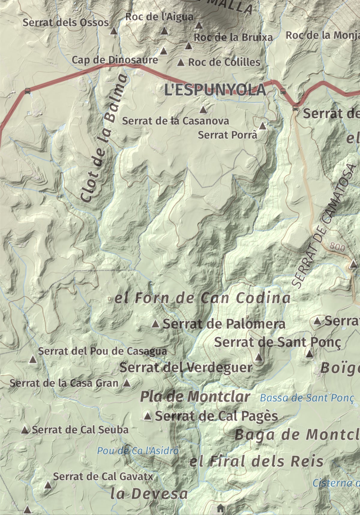 Mapa de relieve de Sant Salvador, 1157 m, Berguedà, lámina 100 Cims de Trobart. Detalle de la zona inferior izquierda. 21 × 30 cm.