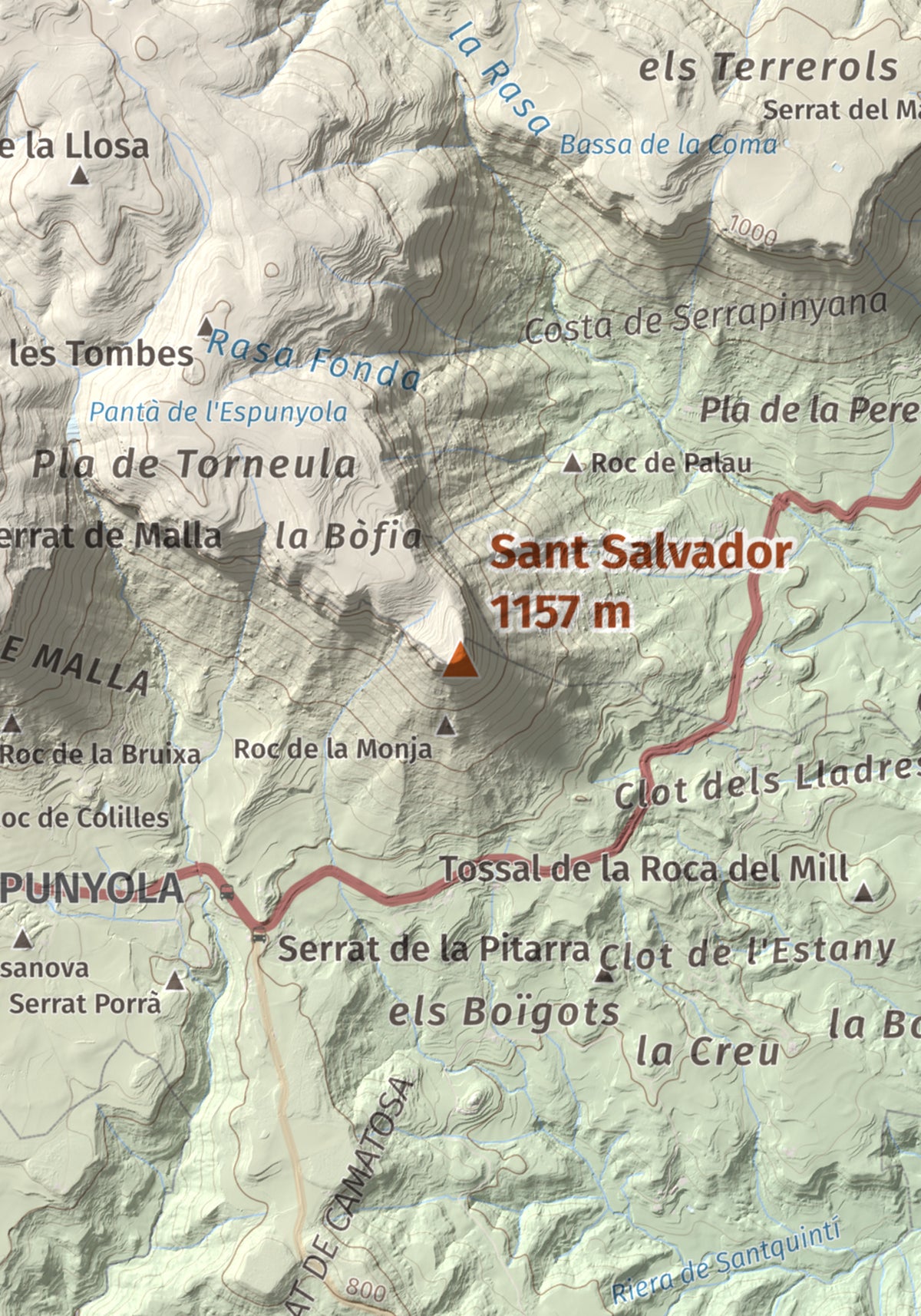Mapa de relieve de Sant Salvador, 1157 m, Berguedà, lámina 100 Cims de Trobart. Detalle de la zona central. 21 × 30 cm.