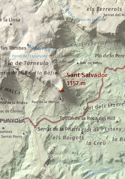 Mapa de relieve de Sant Salvador, 1157 m, Berguedà, lámina 100 Cims de Trobart. Detalle de la zona central. 21 × 30 cm.