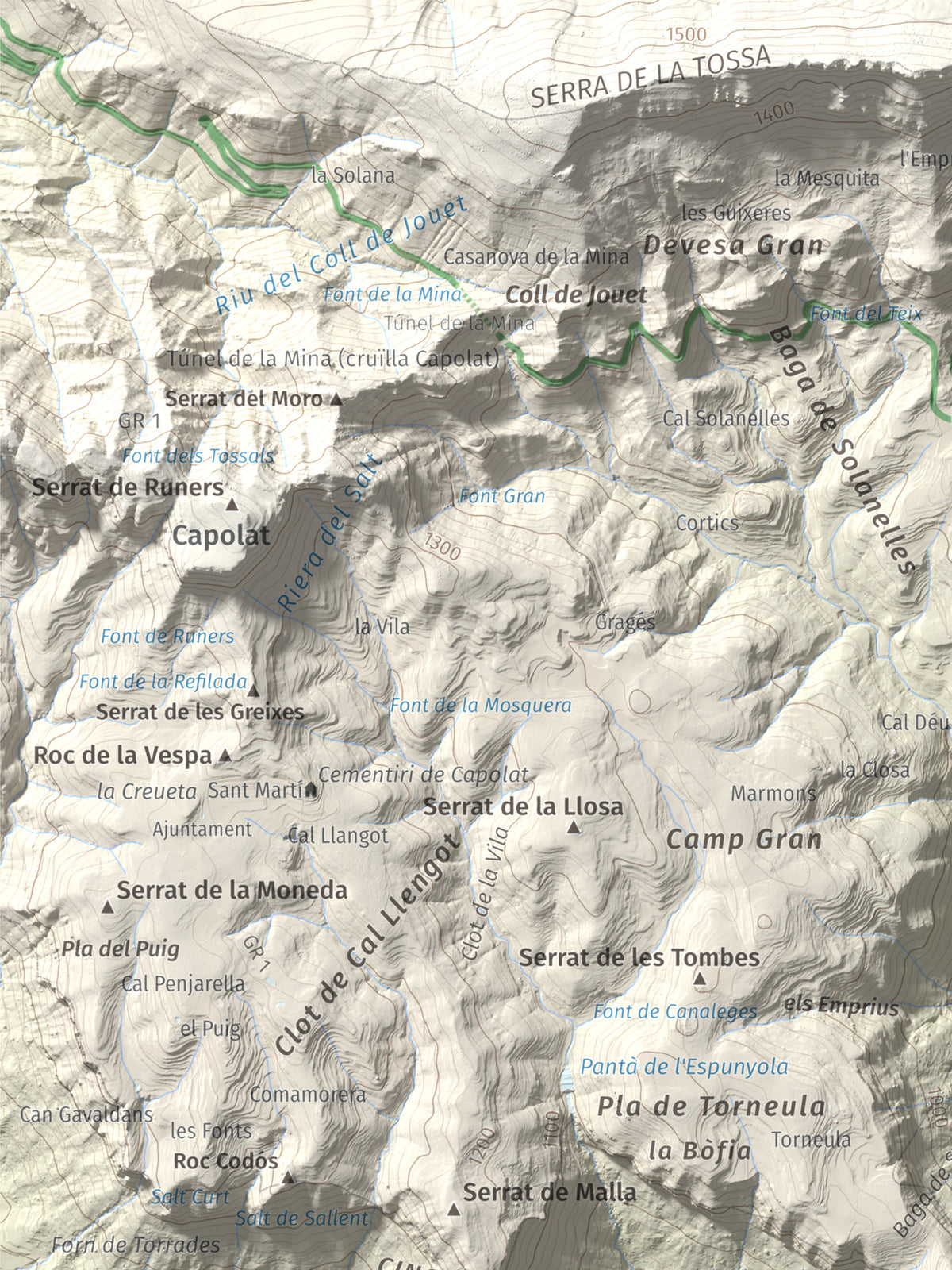Mapa de relieve de Sant Salvador, 1157 m, Berguedà, lámina 100 Cims de Trobart. Detalle de la zona superior izquierda. 30 × 40 cm.