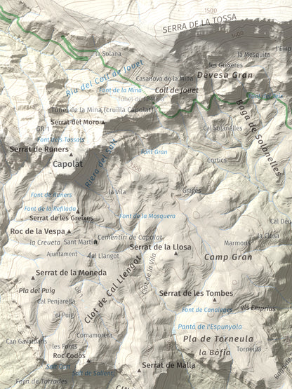 Mapa de relieve de Sant Salvador, 1157 m, Berguedà, lámina 100 Cims de Trobart. Detalle de la zona superior izquierda. 30 × 40 cm.