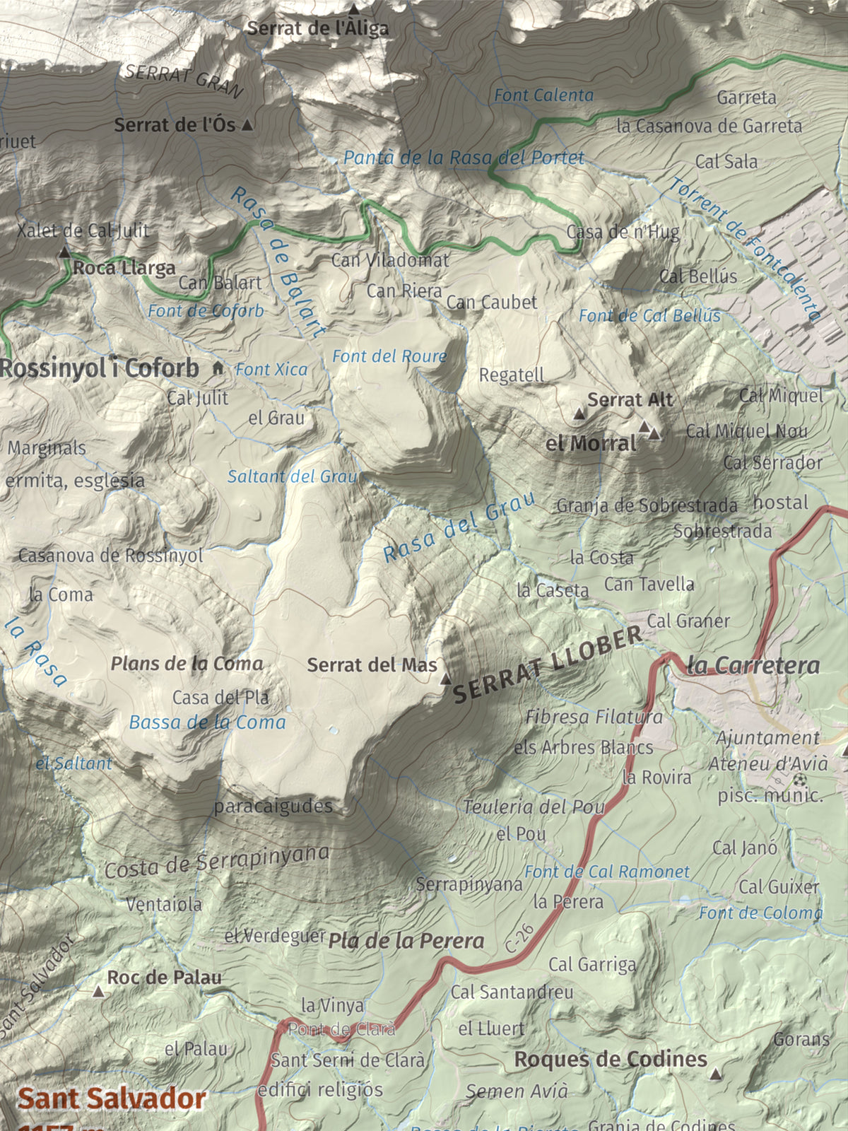 Mapa de relieve de Sant Salvador, 1157 m, Berguedà, lámina 100 Cims de Trobart. Detalle de la zona superior derecha. 30 × 40 cm.