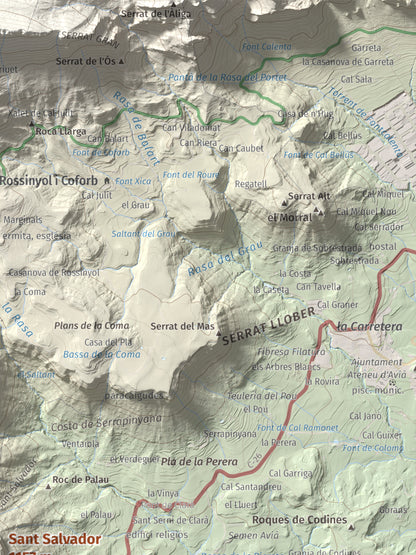 Mapa de relieve de Sant Salvador, 1157 m, Berguedà, lámina 100 Cims de Trobart. Detalle de la zona superior derecha. 30 × 40 cm.