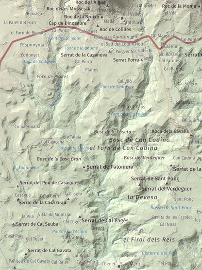 Mapa de relieve de Sant Salvador, 1157 m, Berguedà, lámina 100 Cims de Trobart. Detalle de la zona inferior izquierda. 30 × 40 cm.