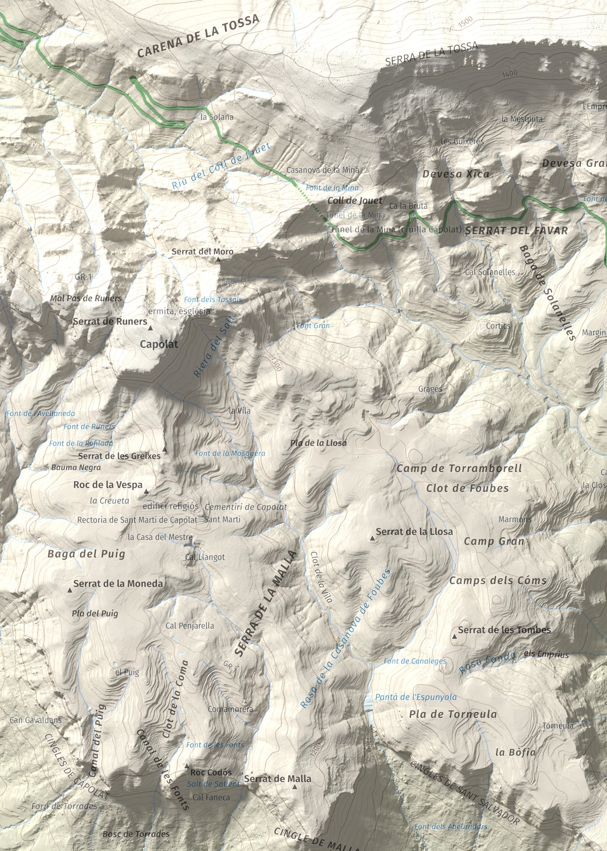 Mapa de relieve de Sant Salvador, 1157 m, Berguedà, lámina 100 Cims de Trobart. Detalle de la zona superior izquierda. 50 × 70 cm.