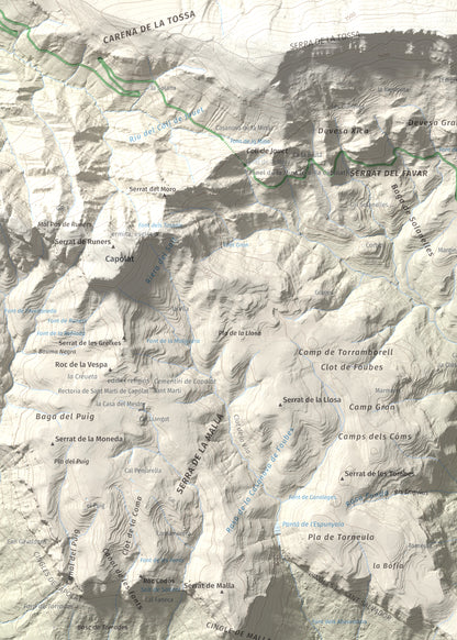 Mapa de relieve de Sant Salvador, 1157 m, Berguedà, lámina 100 Cims de Trobart. Detalle de la zona superior izquierda. 50 × 70 cm.