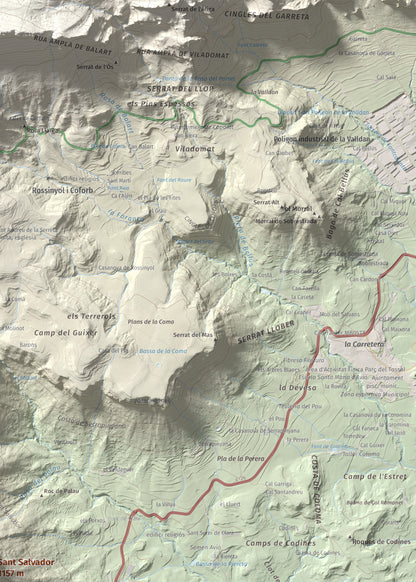 Mapa de relieve de Sant Salvador, 1157 m, Berguedà, lámina 100 Cims de Trobart. Detalle de la zona superior derecha. 50 × 70 cm.