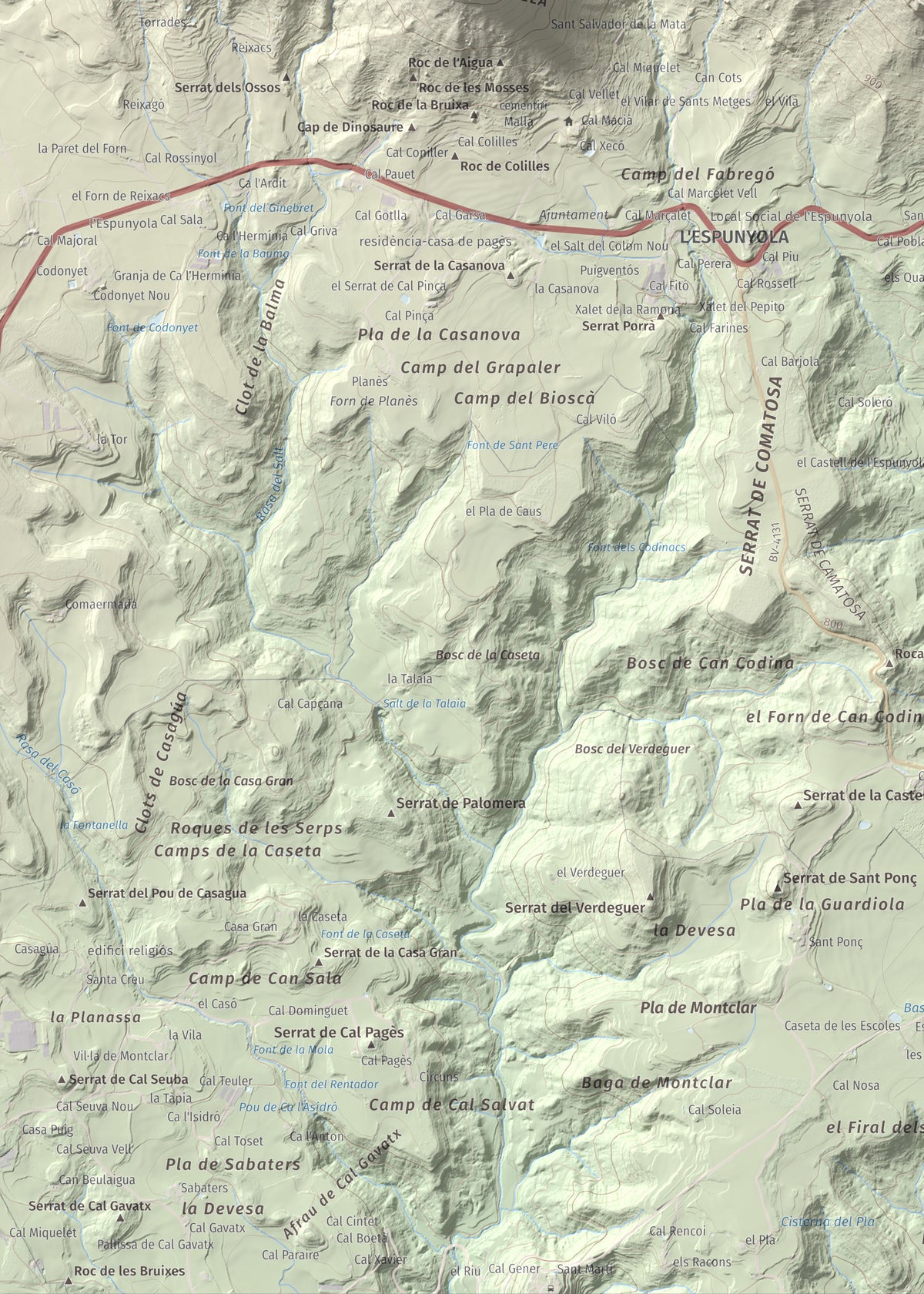 Mapa de relieve de Sant Salvador, 1157 m, Berguedà, lámina 100 Cims de Trobart. Detalle de la zona inferior izquierda. 50 × 70 cm.