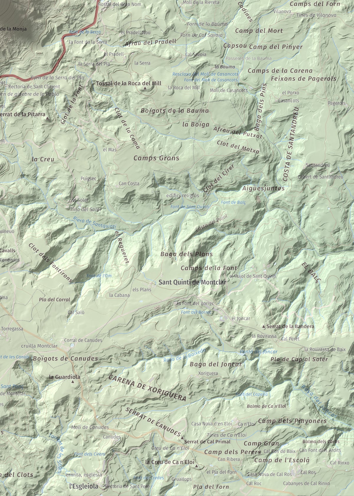 Mapa de relieve de Sant Salvador, 1157 m, Berguedà, lámina 100 Cims de Trobart. Detalle de la zona inferior derecha. 50 × 70 cm.