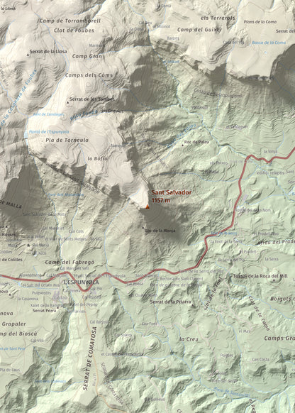 Mapa de relieve de Sant Salvador, 1157 m, Berguedà, lámina 100 Cims de Trobart. Detalle de la zona central. 50 × 70 cm.