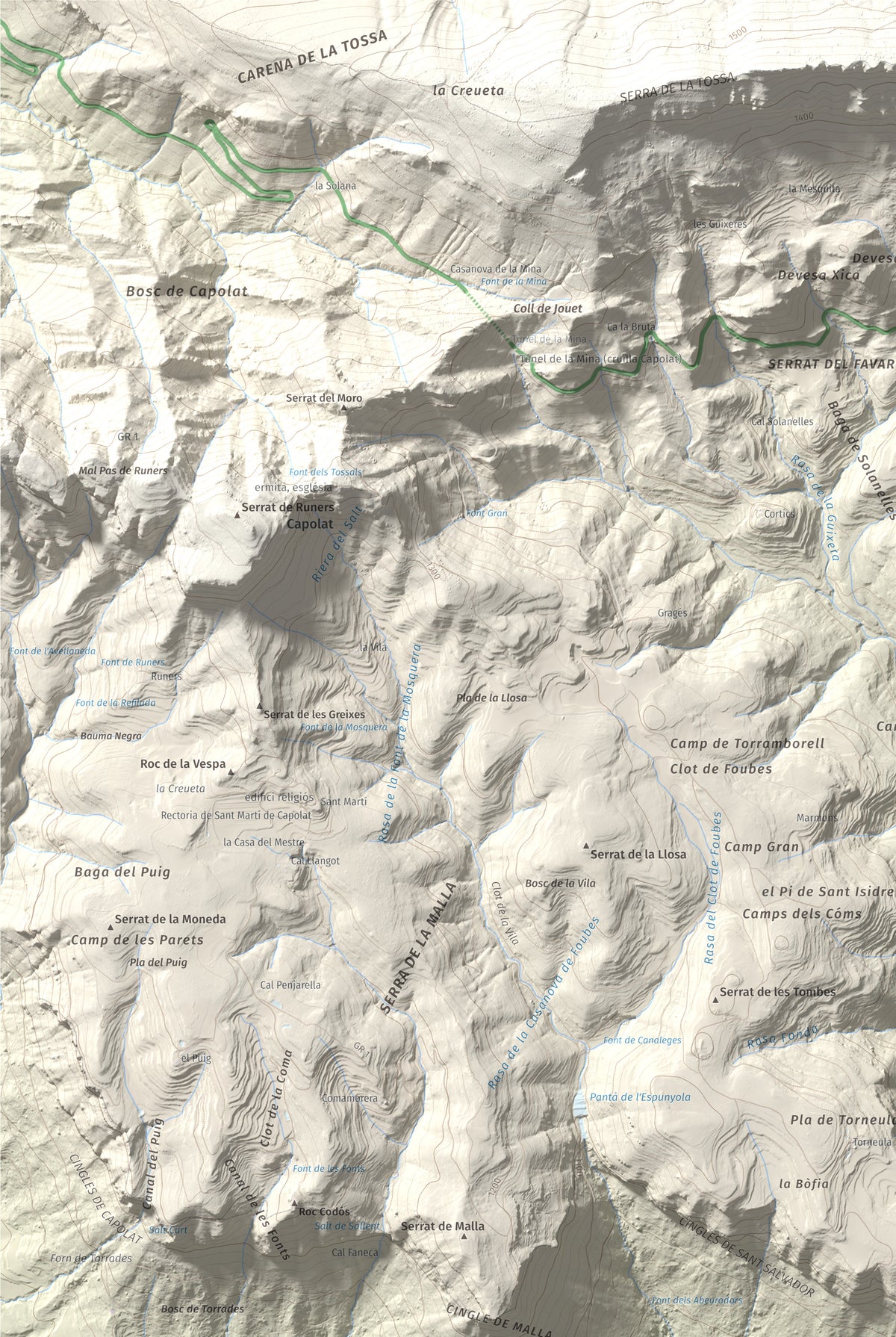 Mapa de relieve de Sant Salvador, 1157 m, Berguedà, lámina 100 Cims de Trobart. Detalle de la zona superior izquierda. 61 × 91 cm.
