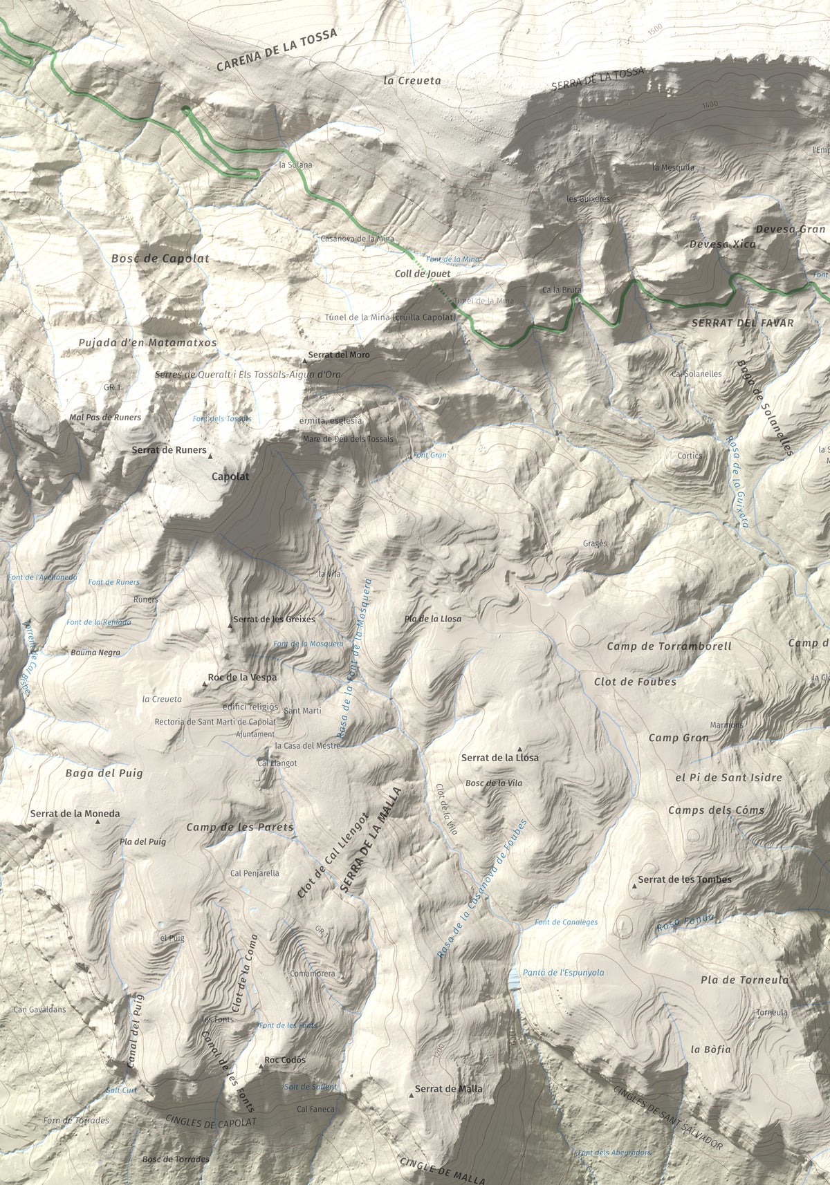Mapa de relieve de Sant Salvador, 1157 m, Berguedà, lámina 100 Cims de Trobart. Detalle de la zona superior izquierda. 70 × 100 cm.