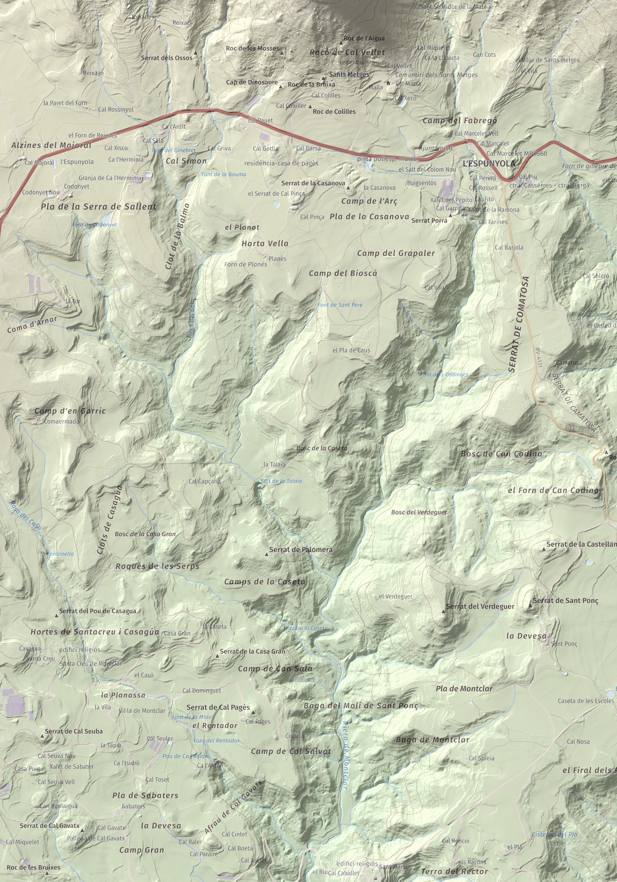 Mapa de relieve de Sant Salvador, 1157 m, Berguedà, lámina 100 Cims de Trobart. Detalle de la zona inferior izquierda. 70 × 100 cm.