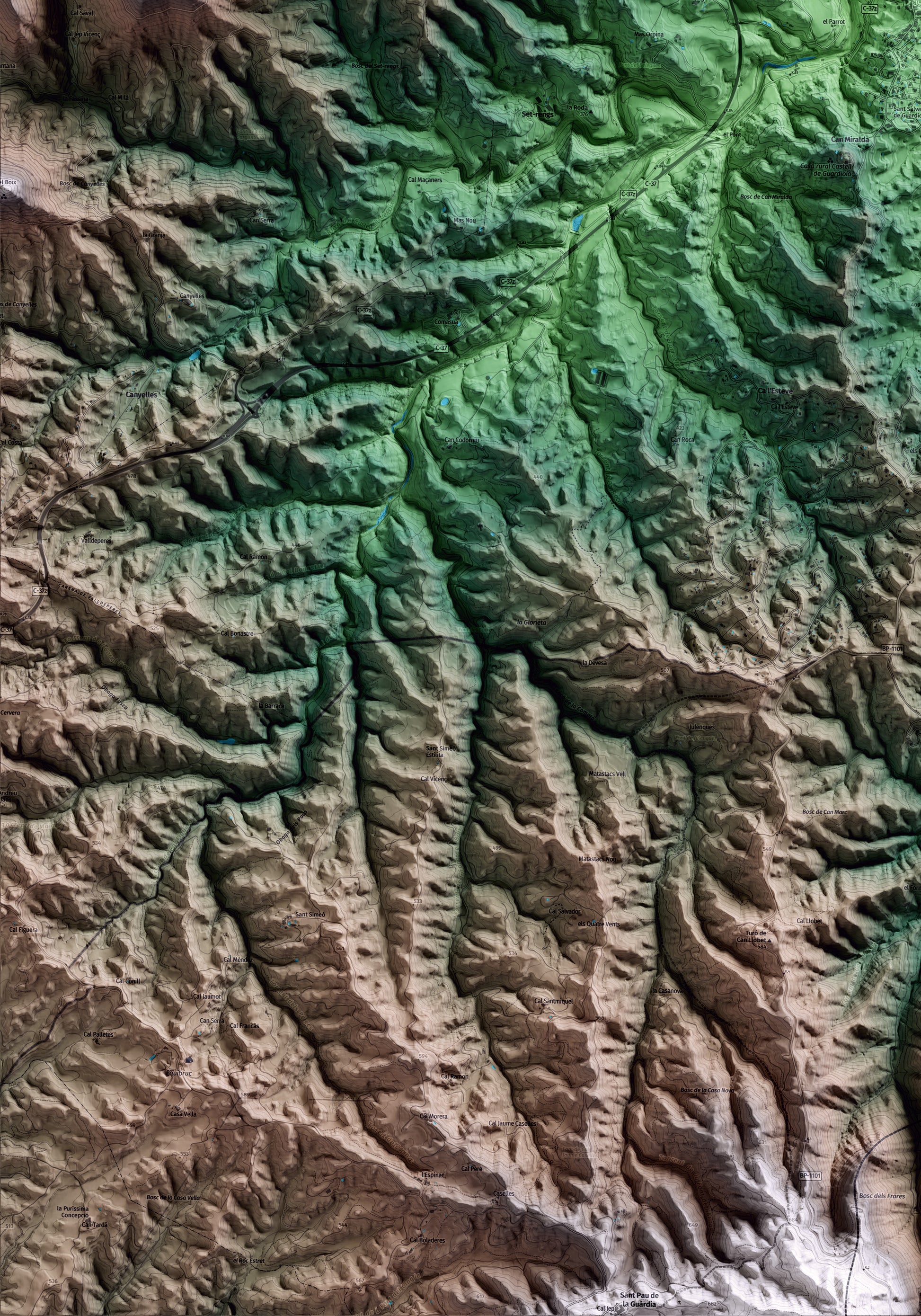 Mapa artístico del relieve de Sant Salvador de Guardiola, al Bages, con 15 km de entorno y base topográfica ICGC. Detalle de la zona inferior izquierda.