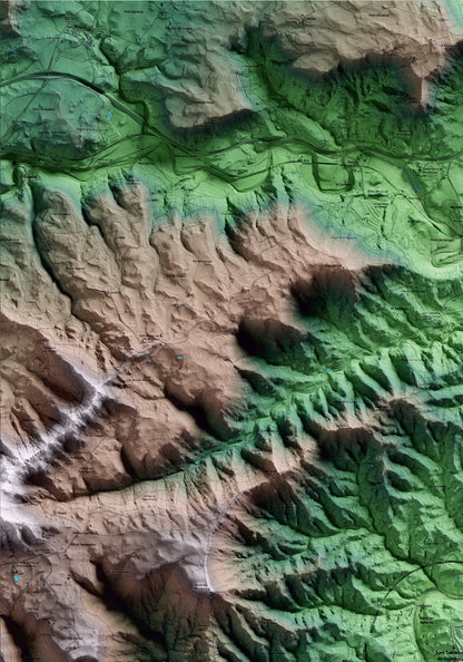 Mapa artístico del relieve de Sant Salvador de Guardiola, al Bages, con 15 km de entorno y base topográfica ICGC. Detalle de la zona superior izquierda.