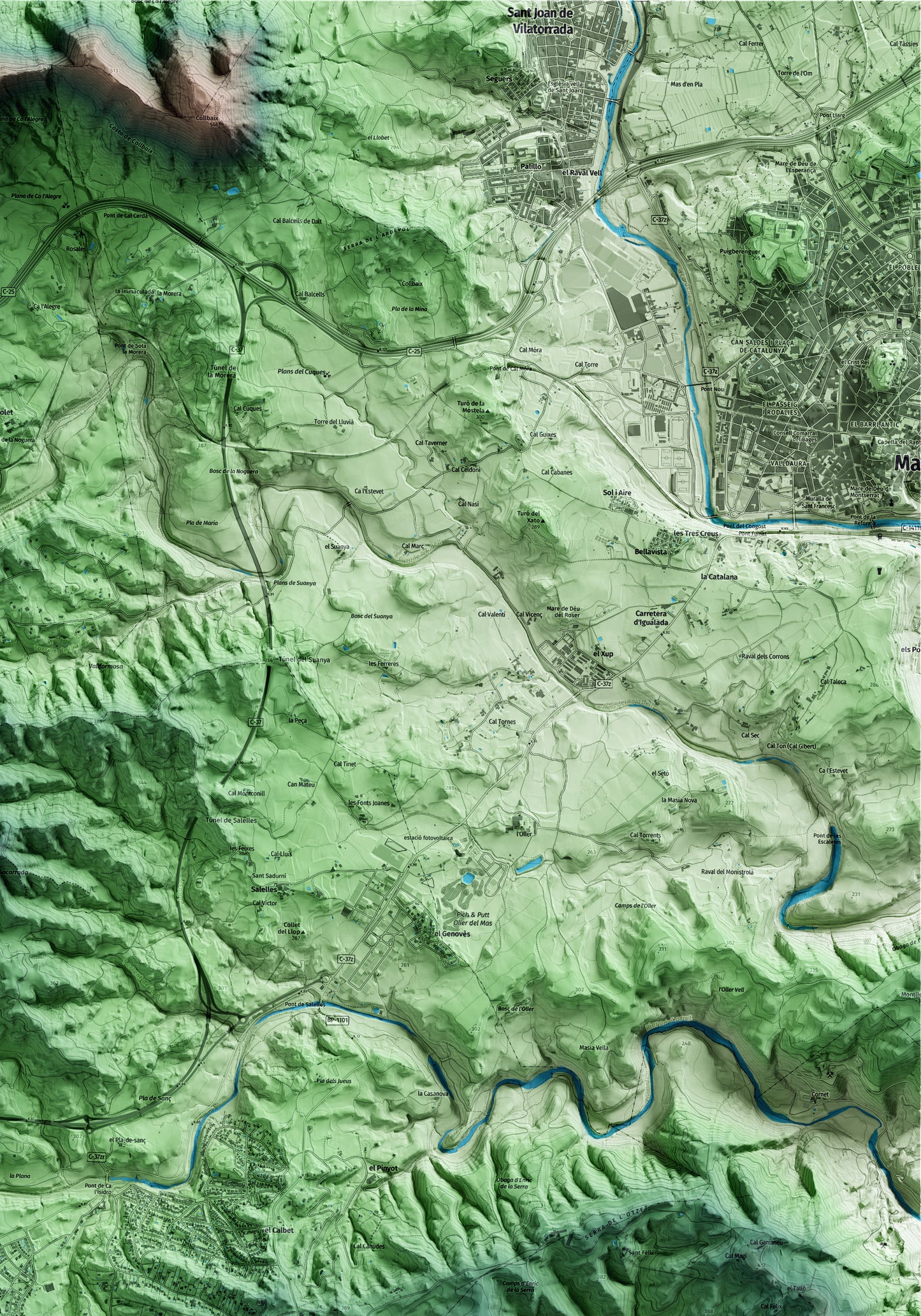 Mapa artístico del relieve de Sant Salvador de Guardiola, al Bages, con 15 km de entorno y base topográfica ICGC. Detalle de la zona superior derecha.