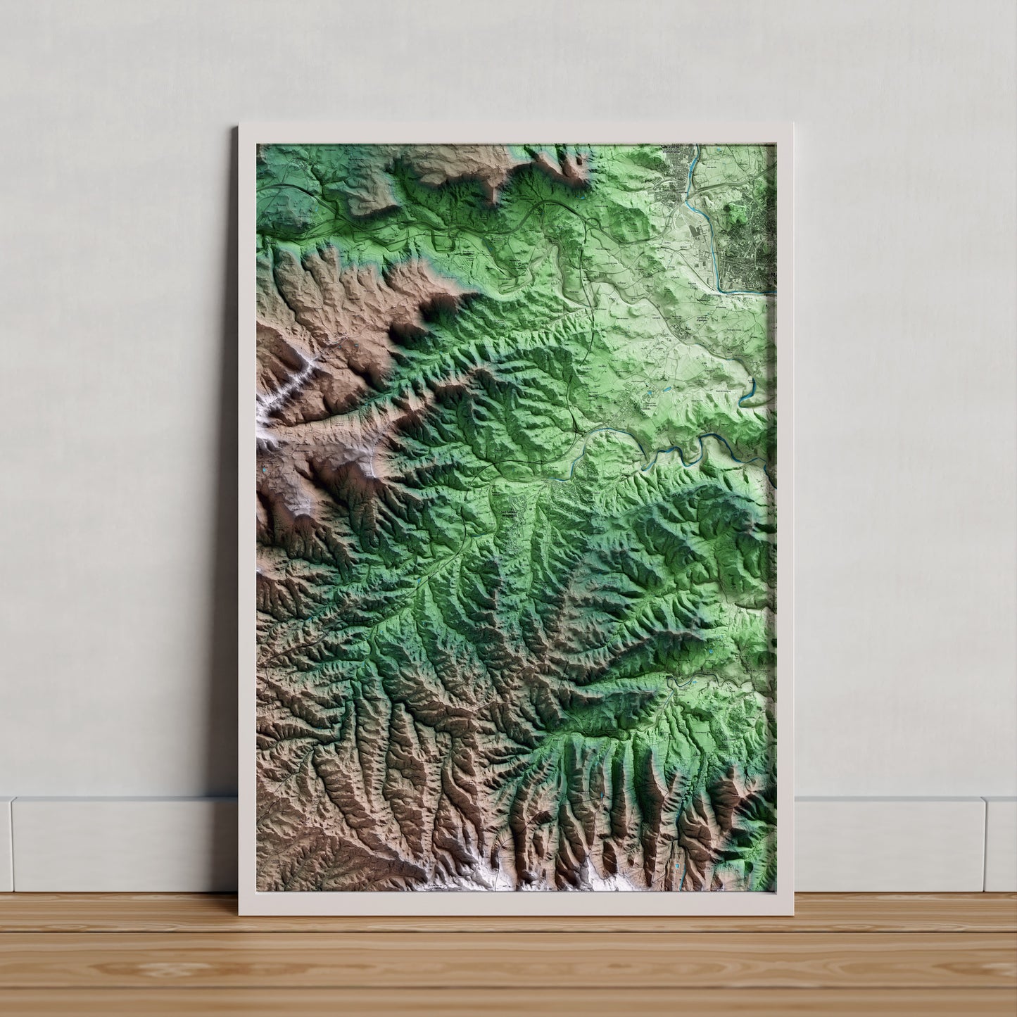 Mapa artístico del relieve de Sant Salvador de Guardiola, al Bages, con 15 km de entorno y base topográfica ICGC. Presentación enmarcada.