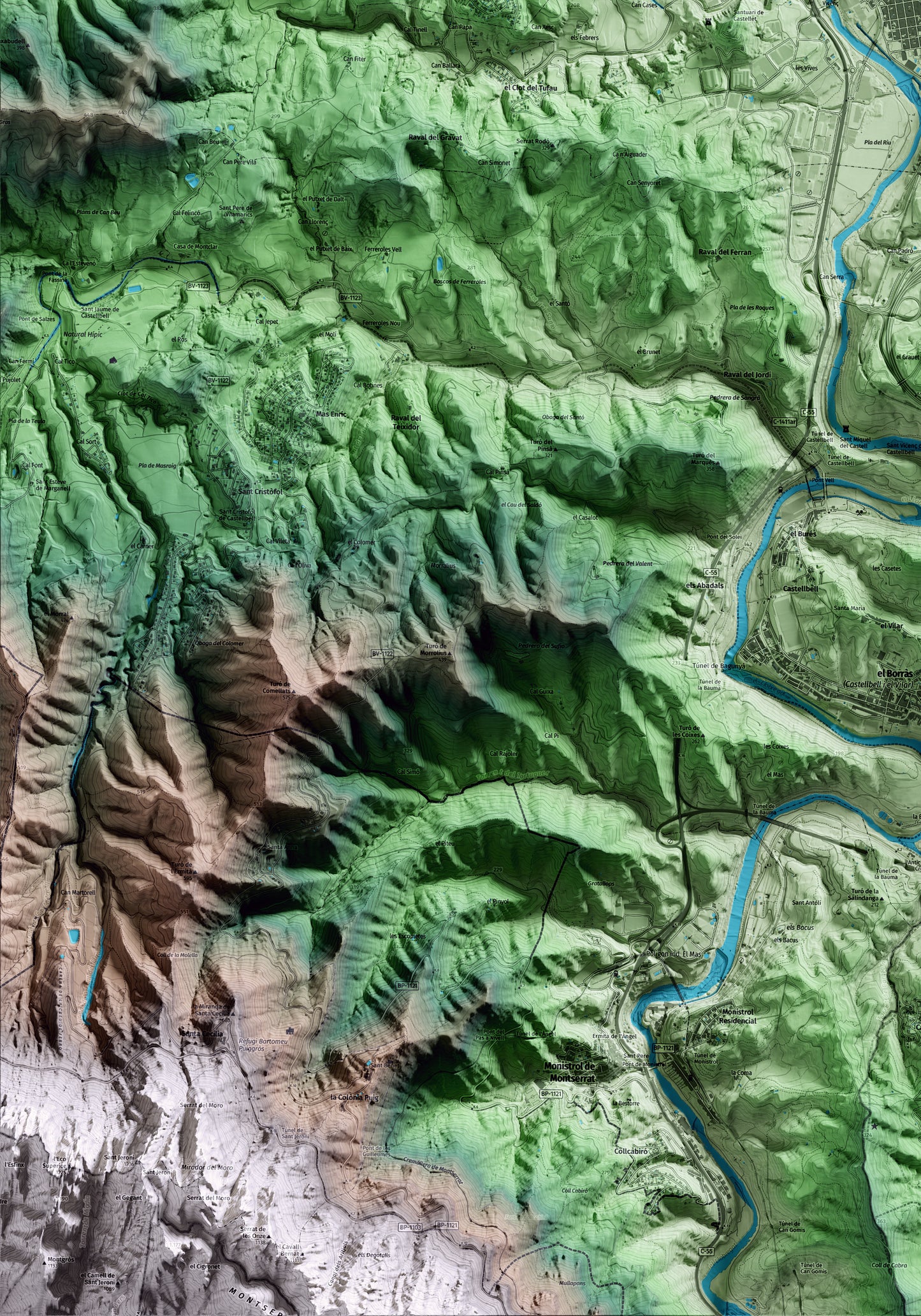 Mapa artístico del relieve de Sant Vicenç de Castellet, al Bages, con 15 km de entorno y base topográfica ICGC. Detalle de la zona inferior izquierda.
