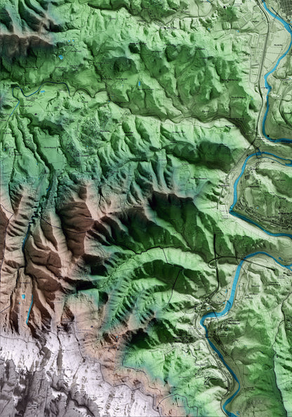 Mapa artístico del relieve de Sant Vicenç de Castellet, al Bages, con 15 km de entorno y base topográfica ICGC. Detalle de la zona inferior izquierda.
