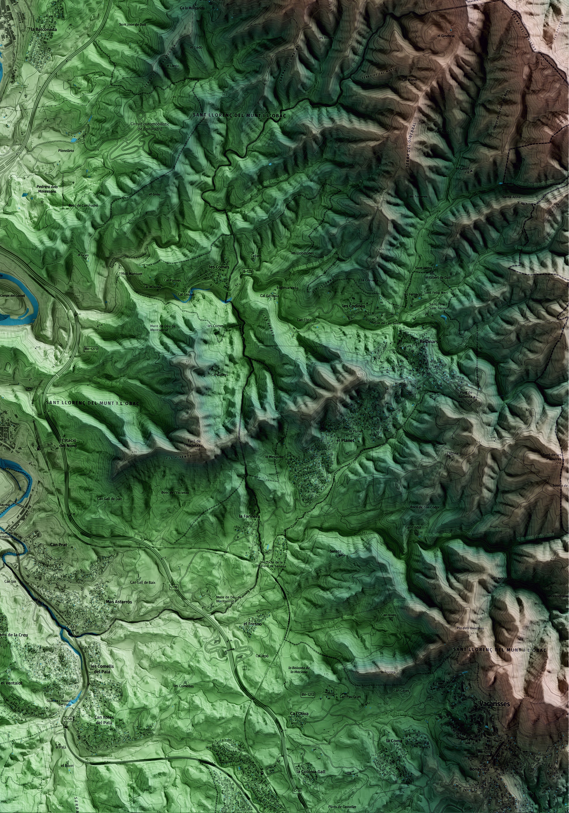 Mapa artístico del relieve de Sant Vicenç de Castellet, al Bages, con 15 km de entorno y base topográfica ICGC. Detalle de la zona inferior derecha.