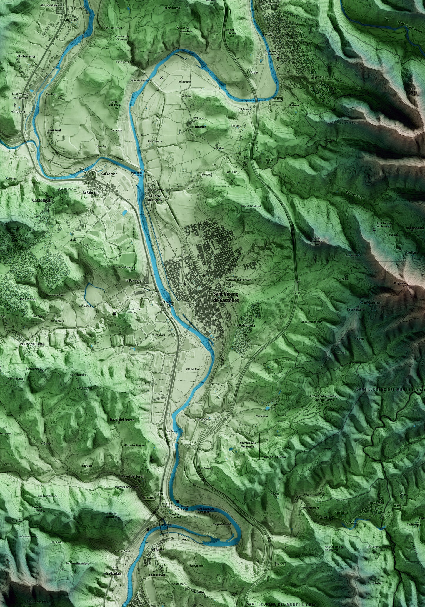 Mapa artístico del relieve de Sant Vicenç de Castellet, al Bages, con 15 km de entorno y base topográfica ICGC. Detalle de la zona central.