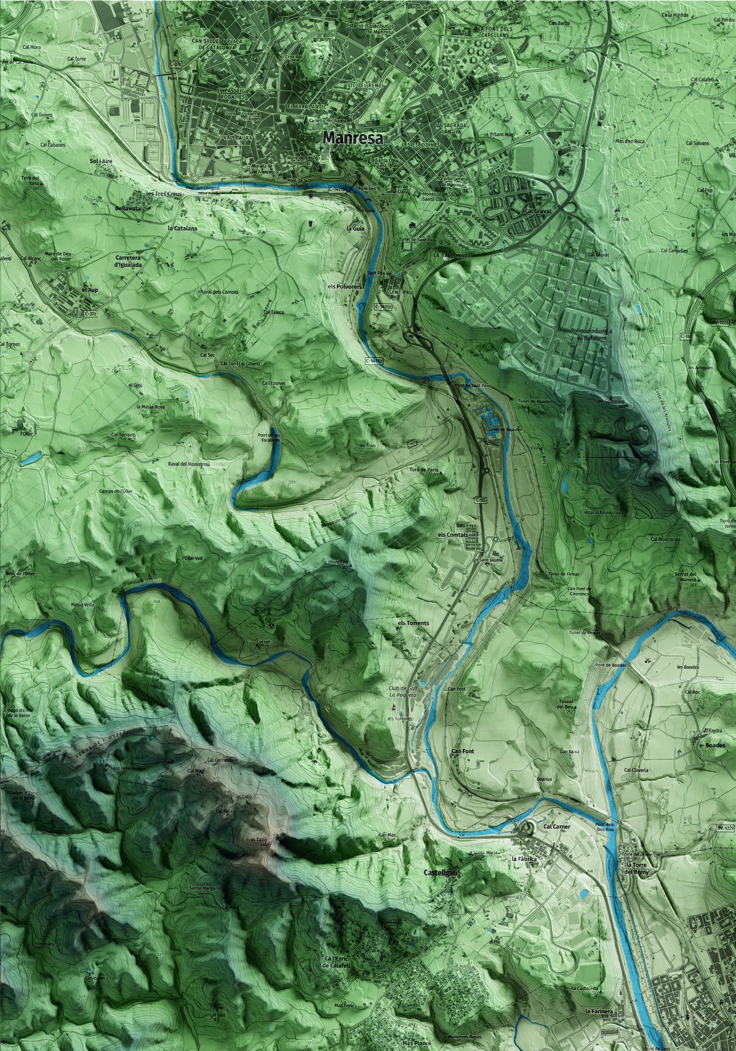 Mapa artístico del relieve de Sant Vicenç de Castellet, al Bages, con 15 km de entorno y base topográfica ICGC. Detalle de la zona superior izquierda.