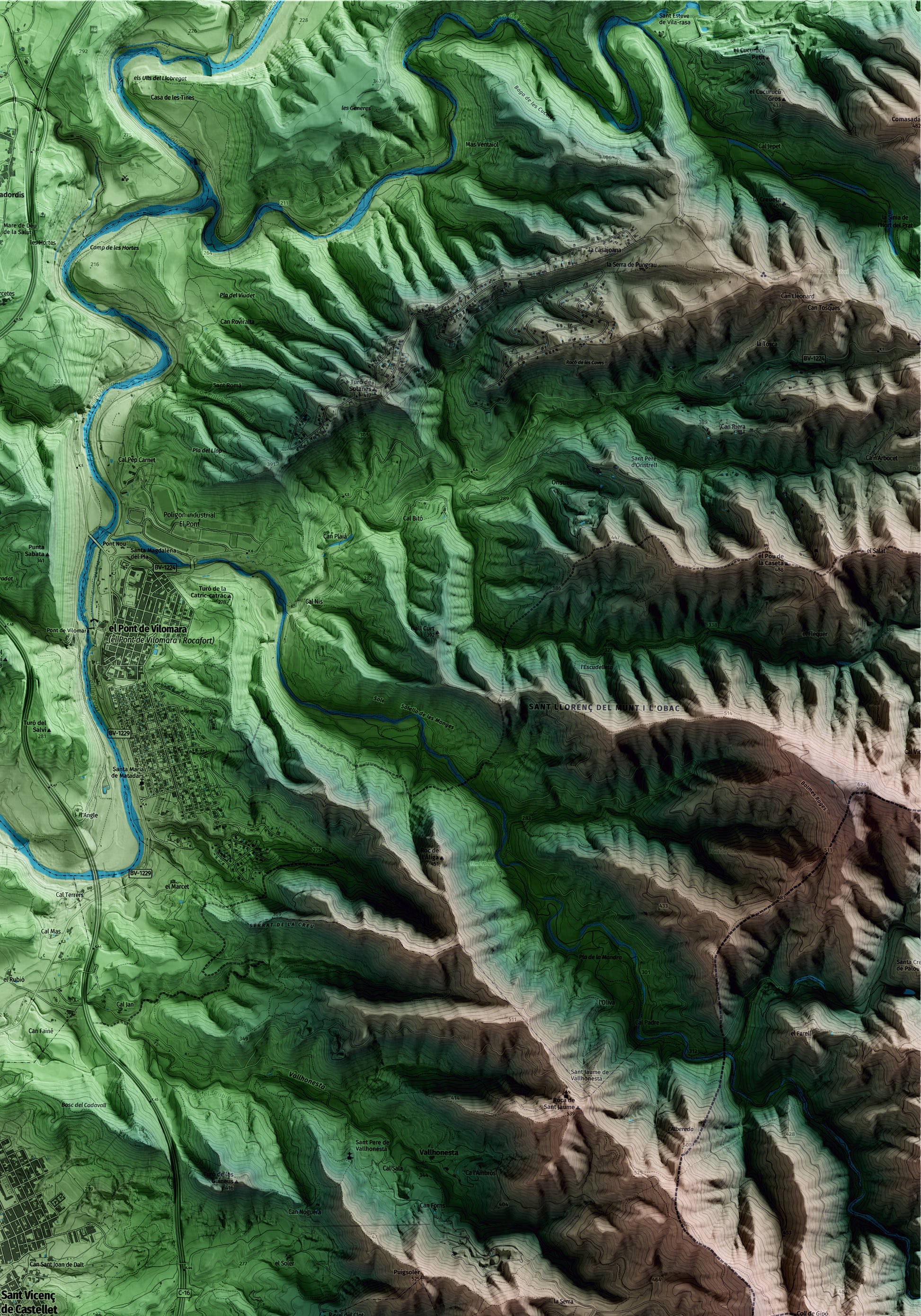 Mapa artístico del relieve de Sant Vicenç de Castellet, al Bages, con 15 km de entorno y base topográfica ICGC. Detalle de la zona superior derecha.