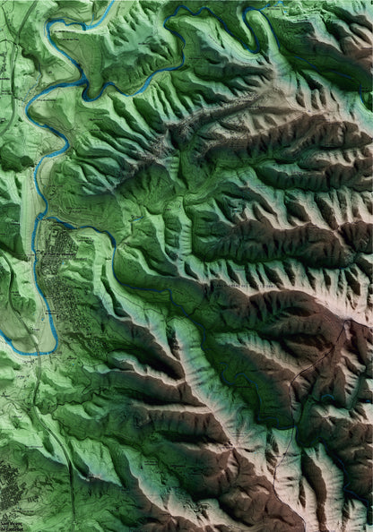 Mapa artístico del relieve de Sant Vicenç de Castellet, al Bages, con 15 km de entorno y base topográfica ICGC. Detalle de la zona superior derecha.