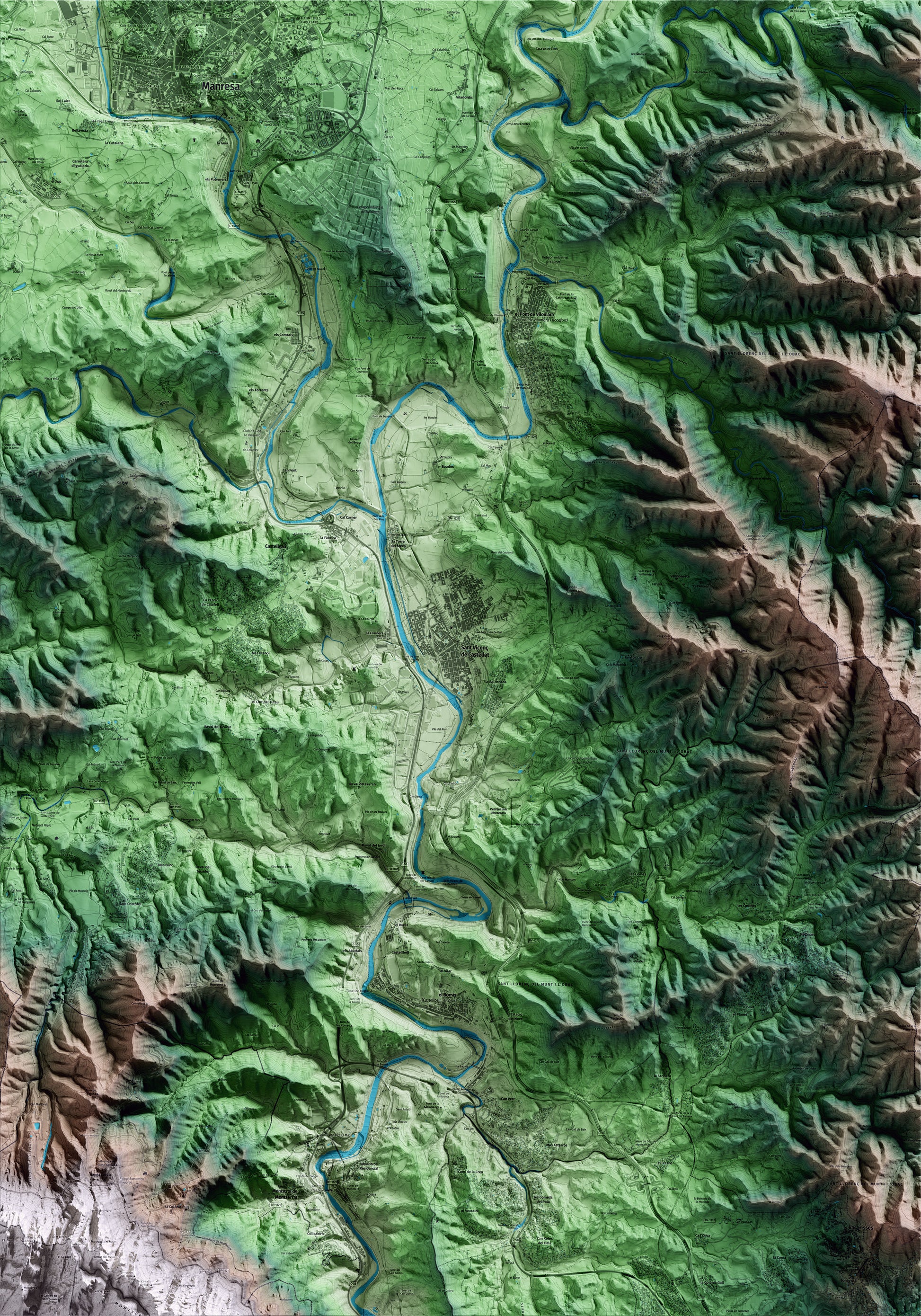 Mapa artístico del relieve de Sant Vicenç de Castellet, al Bages, con 15 km de entorno y base topográfica ICGC