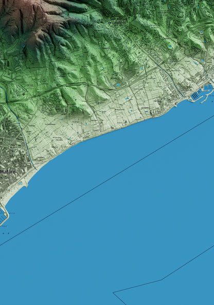 Mapa artístico del relieve de Sant Vicenç de Montalt, al Maresme, con 15 km de entorno y base topográfica ICGC. Detalle de la zona inferior izquierda.