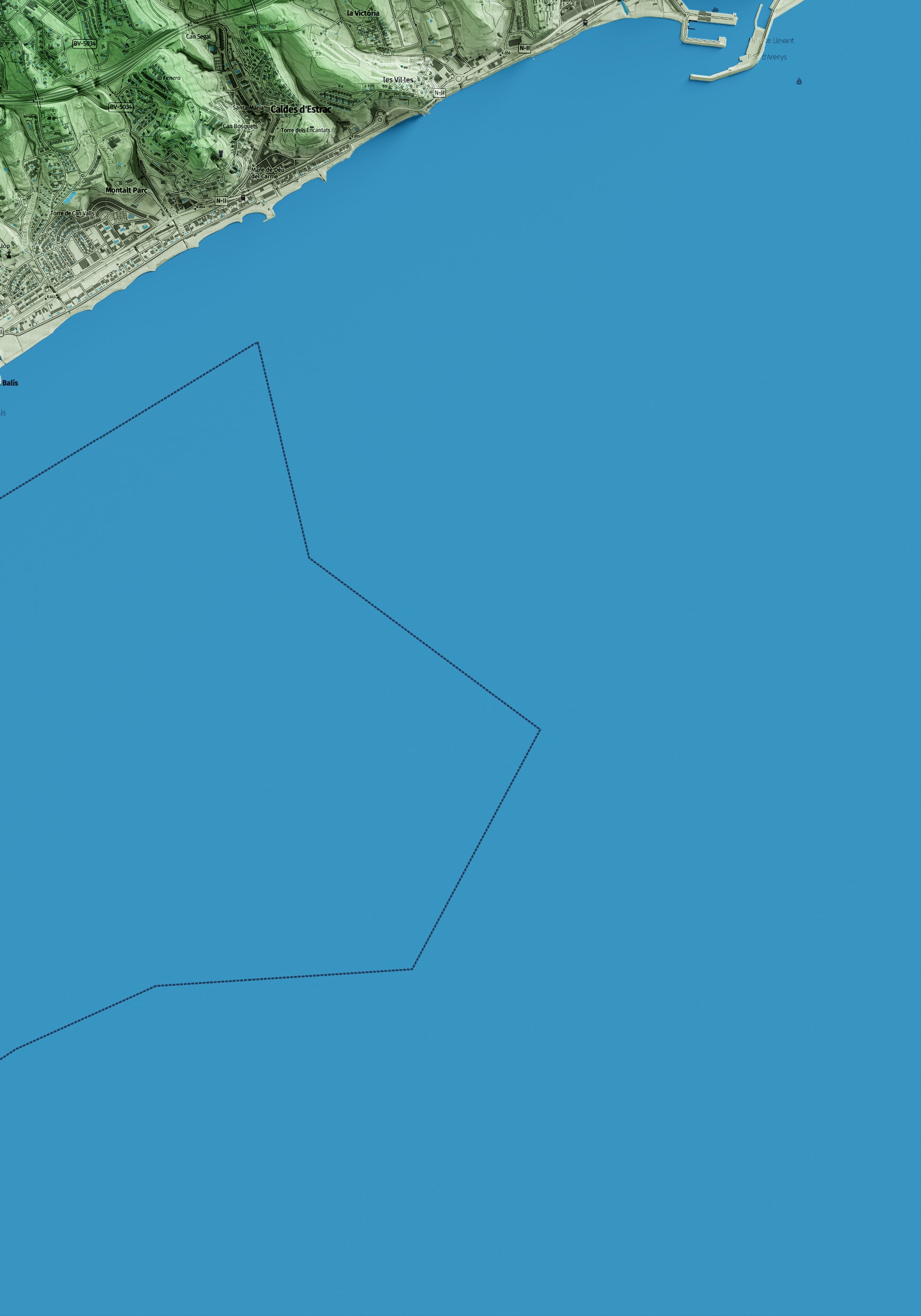 Mapa artístico del relieve de Sant Vicenç de Montalt, al Maresme, con 15 km de entorno y base topográfica ICGC. Detalle de la zona inferior derecha.