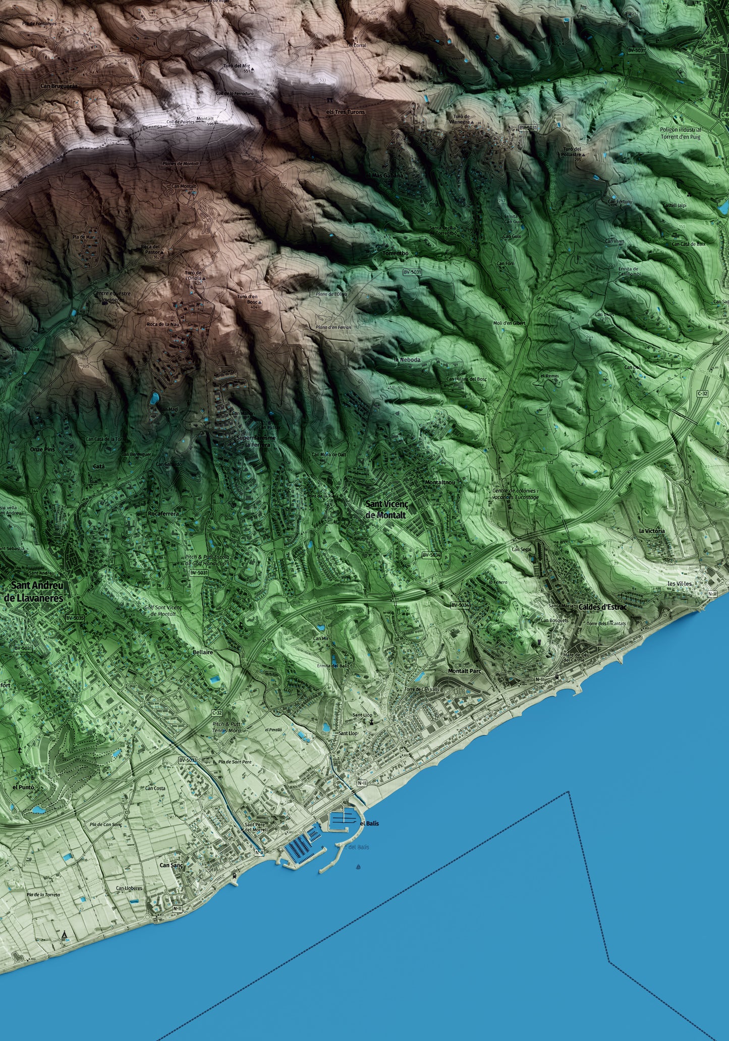 Mapa artístico del relieve de Sant Vicenç de Montalt, al Maresme, con 15 km de entorno y base topográfica ICGC. Detalle de la zona central.